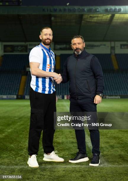 Kevin Van Veen is pictured alongside manager Derek McInnes after signing for Kilmarnock on Deadline Day at Rugby park, on February 02 in Kilmarnock,...