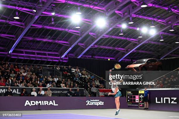 Russia's Anastasia Pavlyuchenkova serves the ball to Belgium's Elise Mertens during the WTA Upper Austria Ladies Linz tournament tennis match in...