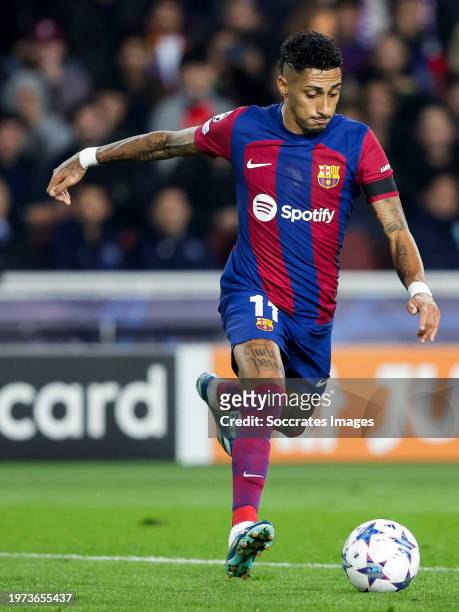Raphinha of FC Barcelona during the UEFA Champions League match between FC Barcelona v FC Porto at the Lluis Companys Olympic Stadium on November 28,...