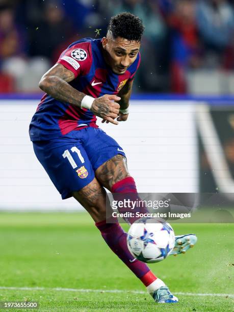 Raphinha of FC Barcelona during the UEFA Champions League match between FC Barcelona v FC Porto at the Lluis Companys Olympic Stadium on November 28,...