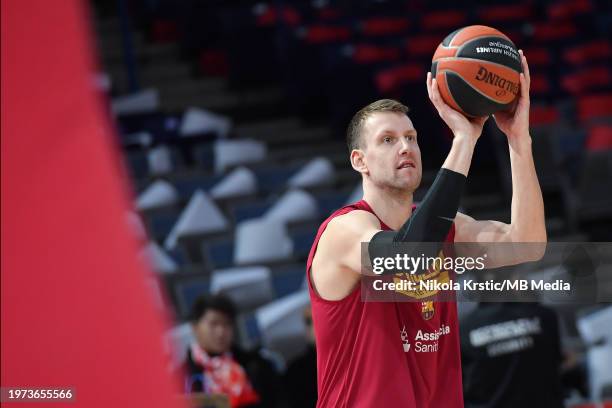 Jan Vesely of FC Barcelona warms up during the 2023/2024 Turkish Airlines EuroLeague, Round 25 match between Crvena Zvezda Meridianbet Belgrade and...