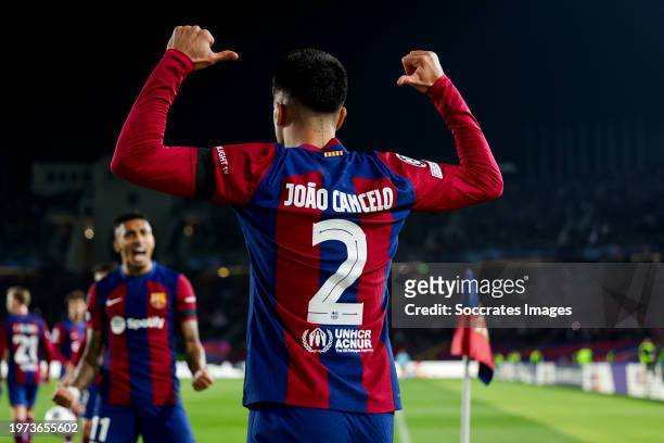 Joao Cancelo of FC Barcelona celebrates goal 1-1 during the UEFA Champions League match between FC Barcelona v FC Porto at the Lluis Companys Olympic...