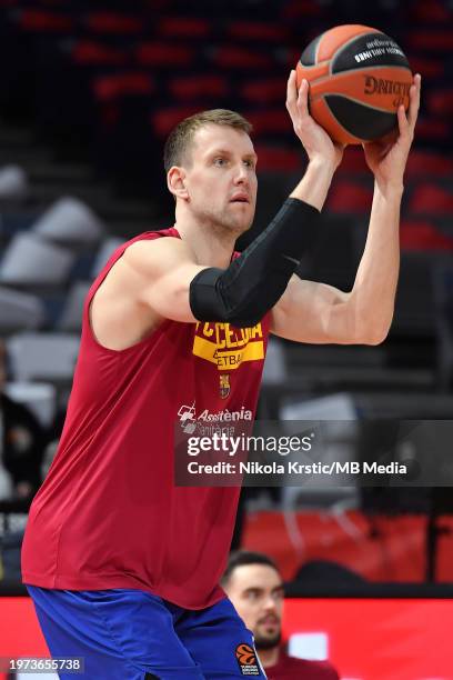 Jan Vesely of FC Barcelona warms up during the 2023/2024 Turkish Airlines EuroLeague, Round 25 match between Crvena Zvezda Meridianbet Belgrade and...