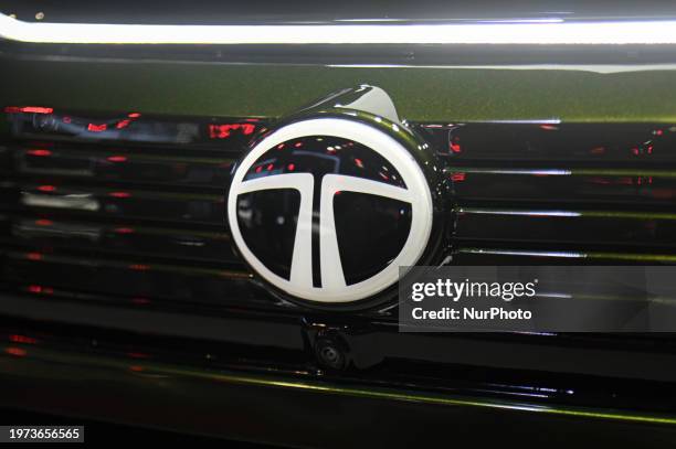 The Tata Motors logo is visible on its electric SUV, the Harrier.ev, at the Bharat Mobility Global Expo 2024 in New Delhi, India, on February 2, 2024.