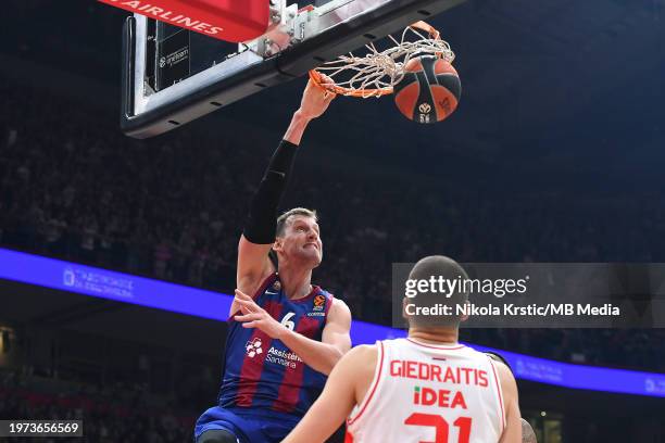 Jan Vesely of FC Barcelona dunks on the basket during the 2023/2024 Turkish Airlines EuroLeague, Round 25 match between Crvena Zvezda Meridianbet...