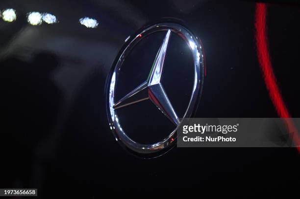 Mercedes-Benz logo is visible on its hybrid SUV, the AMG GLE 53 Coupe, at the Bharat Mobility Global Expo 2024 in New Delhi, India, on February 2,...