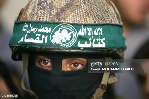 Militants from the Hamas movement takes part in a press conference in the Jabalia refugee camp in the Gaza Strip 26 October 2007. Israeli troops...