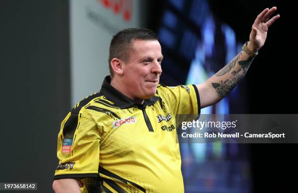 Dave Chisnall during his first round match against Martin Schindler at Marshall Arena on February 2, 2024 in Milton Keynes, England.