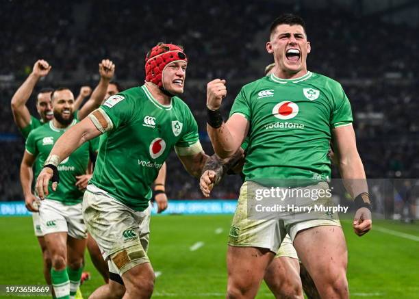 Marseille , France - 2 February 2024; Dan Sheehan of Ireland, right, celebrates after scoring their side's fourth try during the Guinness Six Nations...