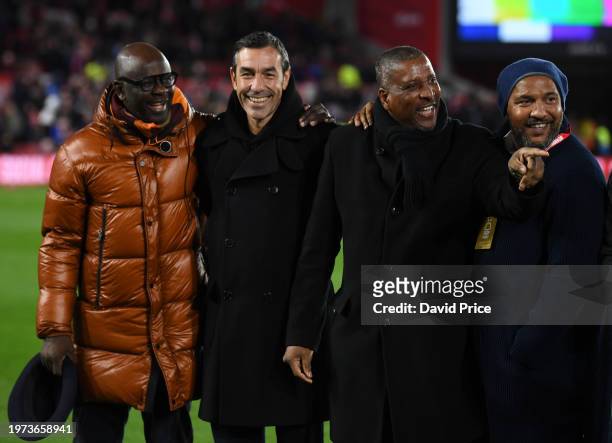 Ex footballers Lilian Thuram, Robert Pires, Viv Anderson and Olivier Dacourt before the Premier League match between Nottingham Forest and Arsenal FC...