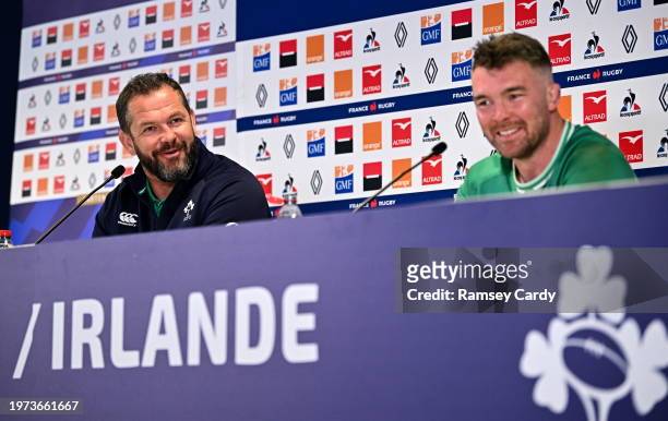 Marseille , France - 2 February 2024; Ireland head coach Andy Farrell, left, and captain Peter O'Mahony during a post-match press conference after...