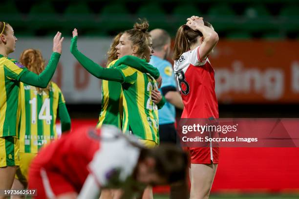 Danielle Noordermeer of ADO Den Haag Women, Cato Pijnacker Hordijk of ADO Den Haag Women, Lysanne van der Wal of ADO Den Haag Women celebrate the...