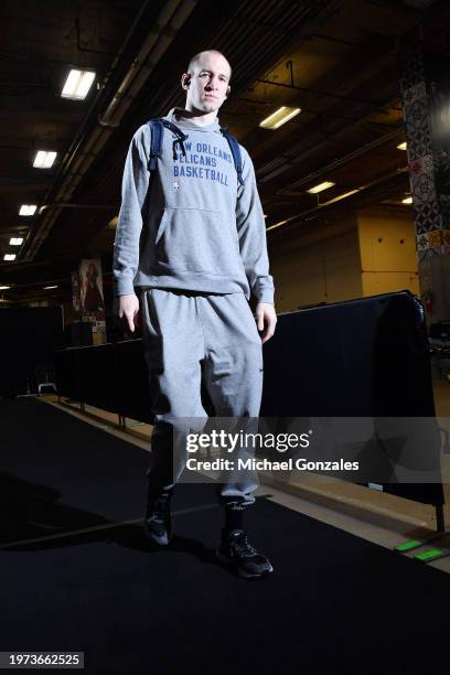 Cody Zeller of the New Orleans Pelicans arrives to the arena before the game against the San Antonio Spurs on February 2, 2024 at the Frost Bank...