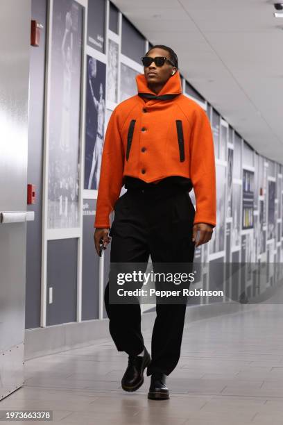 Bennedict Mathurin of the Indiana Pacers arrives to the arena before the game against the Sacramento Kings on February 2, 2024 at Gainbridge...