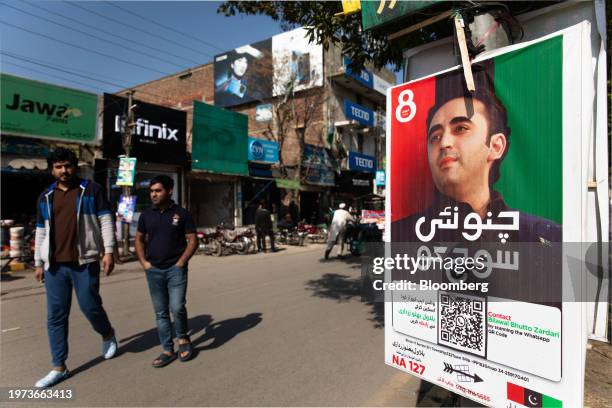 Campaign poster for Bilawal Bhutto Zardari, Pakistan's foreign minister, along a street ahead of Pakistan's national election in Lahore, Pakistan, on...