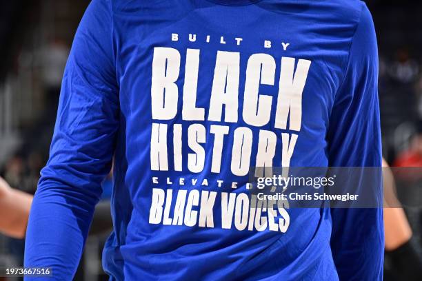 Close-up of the Black History Month t-shirt worn by players before the game on February 2, 2024 at Little Caesars Arena in Detroit, Michigan. NOTE TO...