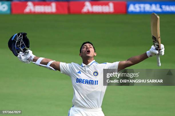 India's Yashasvi Jaiswal celebrates after scoring a double century during the second day of the second Test cricket match between India and England...