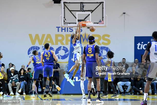 Greg Brown III of the Texas Legends slam dunk against the Santa Cruz Warriors during the NBA G-League game on February 2, 2024 at the Kaiser...