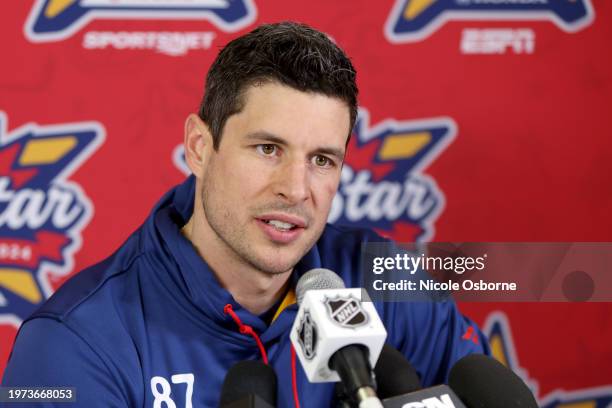 Sidney Crosby of the Pittsburgh Penguins speaks during a press conference at the 2024 NHL All-Star Skills Competition at Scotiabank Arena on February...