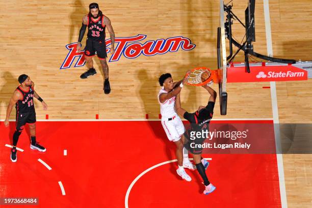 Amen Thompson of the Houston Rockets dunks the ball during the game against the Toronto Raptors on February 2, 2024 at the Toyota Center in Houston,...