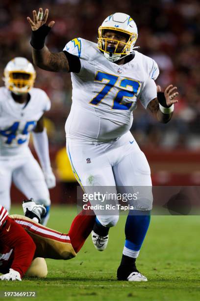Jerrod Clark of the Los Angeles Chargers rushes the edge during a game against the San Francisco 49ers at Levi's Stadium on August 25, 2023 in Santa...