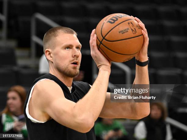 Kristaps Porzingis of the Boston Celtics warms up before a game against the Indiana Pacers at the TD Garden on January 30, 2024 in Boston,...