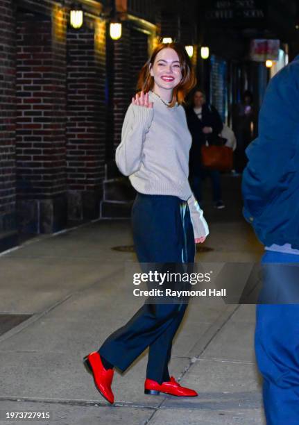 Emma Stone is seen at "The Late Show with Stephen Colbert" on January 30, 2024 in New York City.