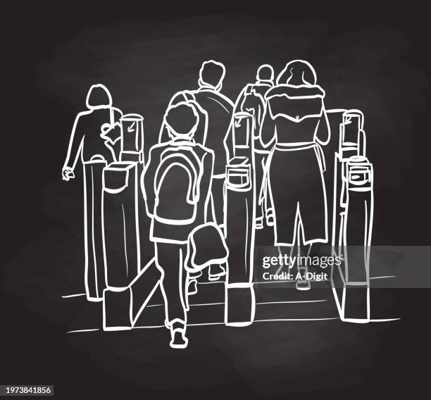 train station fare checkpoint blackboard - busy life stock illustrations