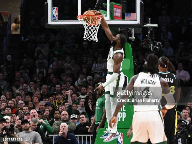 Jaylen Brown of the Boston Celtics dunks against the Indiana Pacers during the second quarter at the TD Garden on January 30, 2024 in Boston,...