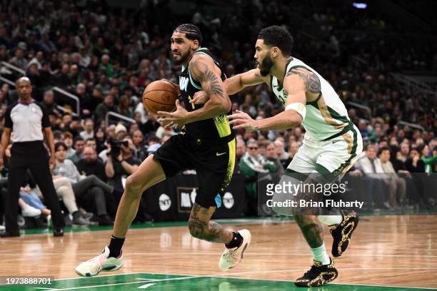 Obi Toppin of the Indiana Pacers drives to the basket against Jayson Tatum of the Boston Celtics during the second quarter at the TD Garden on...