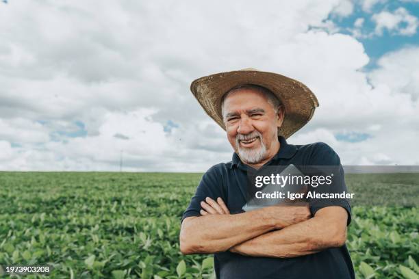lächelnder bauer auf sojaplantage - freilandhuhn stock-fotos und bilder