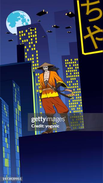 vector anime samurai in a cyberpunk city setting vector illustration - ninja cat stock illustrations