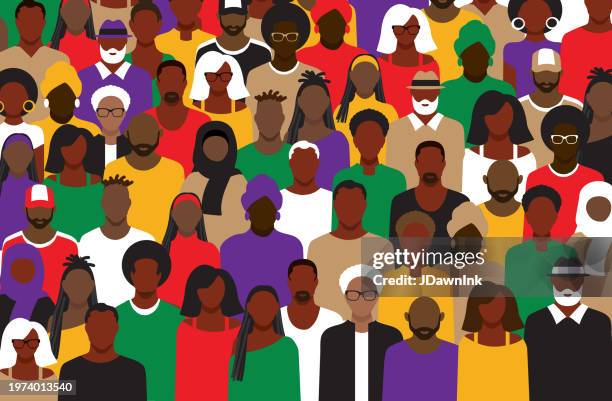 illustrations, cliparts, dessins animés et icônes de grande foule de personnes noires ou afro-américaines vue de face dans des couleurs vives - culture afro américaine