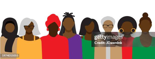 bildbanksillustrationer, clip art samt tecknat material och ikoner med crowd of black or african american women front view in bright colors on white background - endast kvinnor