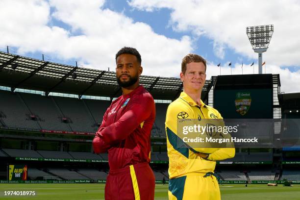 Shai Hope of the West Indies and Steve Smith of Australia poses during the official launch of the One Day International series between Australia and...