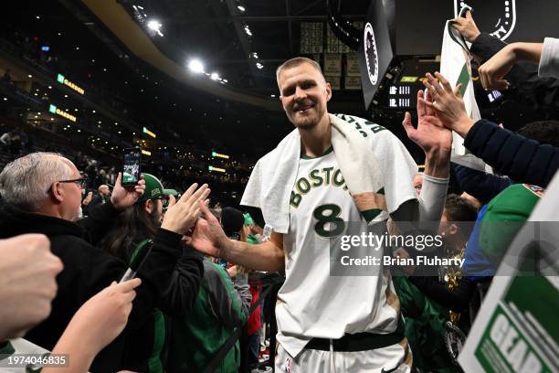 Kristaps Porzingis of the Boston Celtics walks off the court after the game against the Indiana Pacers at the TD Garden on January 30, 2024 in...