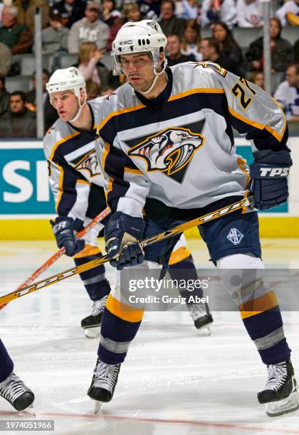 Jason York of the Nashville Predators skates against the Toronto Maple Leafs during NHL game action on January 6, 2004 at Air Canada Centre in...