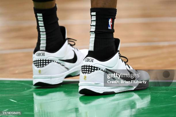 Detailed view of the shoes of Jalen Smith of the Indiana Pacers during the fourth quarter of a game against the Boston Celtics at the TD Garden on...