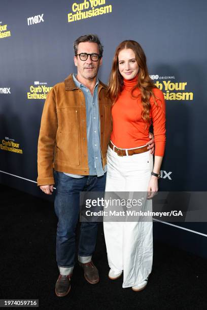 Jon Hamm and Anna Osceola attend the season 12 premiere of HBO's "Curb Your Enthusiasm" at Directors Guild Of America on January 30, 2024 in Los...