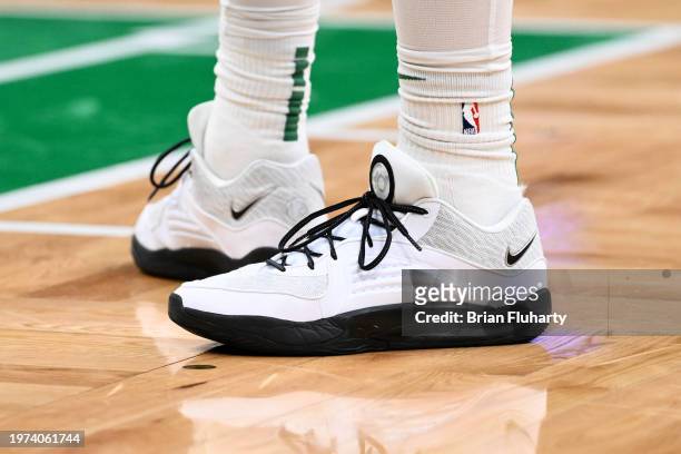 Detailed view of the shoes of Sam Hauser of the Boston Celtics during the third quarter of a game against the Indiana Pacers at the TD Garden on...