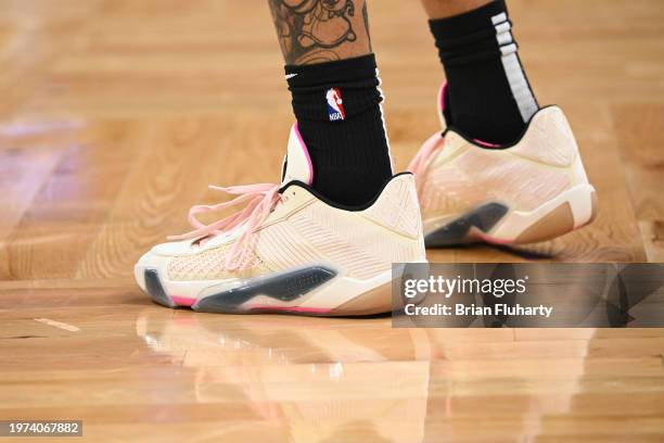 Detailed view of the shoes of Obi Toppin of the Indiana Pacers during the second quarter of a game against the Boston Celtics at the TD Garden on...