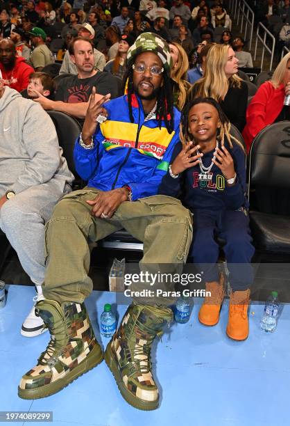 Rapper 2 Chainz and his son Halo Epps attend the game between Los Angeles Lakers and the Atlanta Hawks at State Farm Arena on January 30, 2024 in...