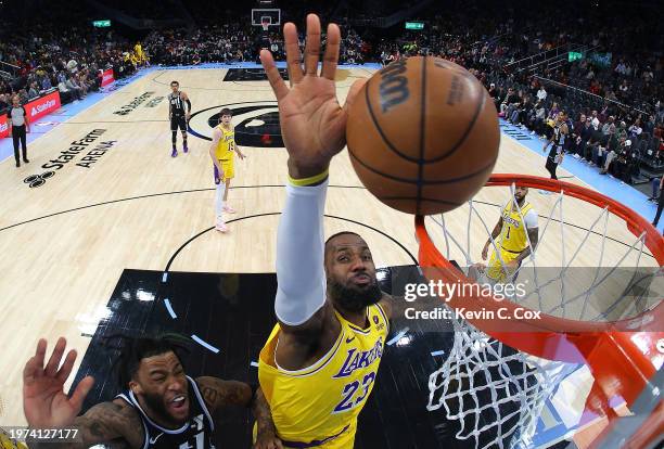 LeBron James of the Los Angeles Lakers is called for goaltending as he blocks a shot by Saddiq Bey of the Atlanta Hawks during the first quarter at...