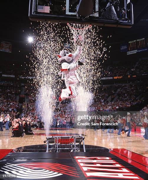 Blaze" the mascot for Portland Trail Blazers entertains the crowd during round one Game 3 against Dallas Mavericks at the Rose Garden on April 25,...