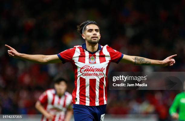 Ricardo Marin of Chivas celebrates after scoring the team's third goal during the 4th round match between Chivas and Toluca as part of the Torneo...