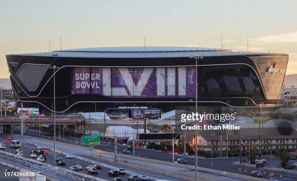 An exterior view shows signage for Super Bowl LVIII at Allegiant Stadium on January 30, 2024 in Las Vegas, Nevada. The game will be played on...