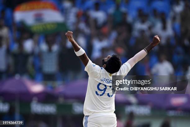 India's Jasprit Bumrah celebrates after the dismissal of England's captain Ben Stokes during the second day of the second Test cricket match between...