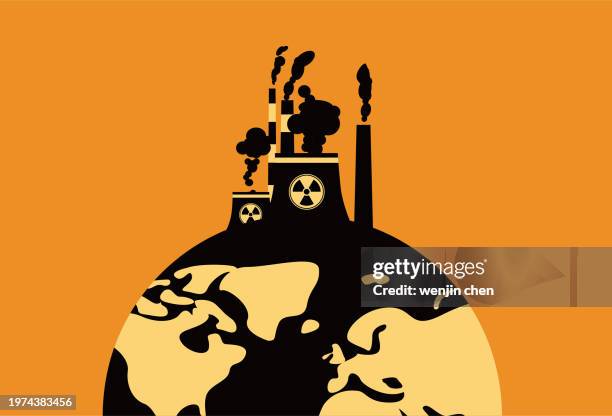 abgase aus kernkraftwerken verschmutzen die erde, illustration des umweltschutzkonzepts. - radioaktive verseuchung stock-grafiken, -clipart, -cartoons und -symbole