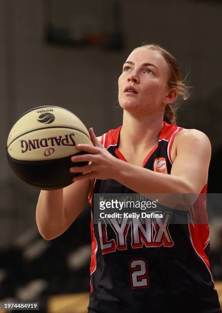 Steph Gorman of the Lynx warms up during the WNBL match between Southside Flyers and Perth Lynx at State Basketball Centre, on January 31 in...