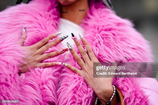 Close-up detail view of nail polish, outside Rolf Ekroth, during the Copenhagen Fashion Week AW24 on January 30, 2024 in Copenhagen, Denmark.